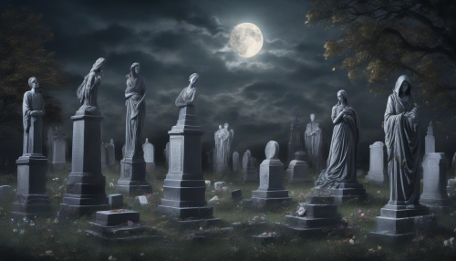 A hauntingly beautiful scene where towering stone statues symbolize love and family amidst a somber graveyard. The moonlight casts a silver glow on the weathered tombstones, while blooming flowers weave through the cracks in the ground, representing hope and renewal. In the foreground, a family stands together, gazing reverently at the colossal figures, embodying the strength of their connections even in the face of loss.