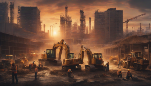 A gritty, industrial scene unfolds with workers in hard hats and vests, surrounded by machinery and construction equipment, as they labor under a dramatic, sunset-lit sky with a cityscape in the background, capturing the essence of intense physical work.