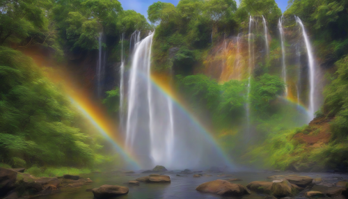 Surrounded by lush greenery, the majestic Rainbow Veil Falls cascades into a tranquil pool, its misty veil shimmering with vibrant hues of the rainbow, creating a breathtaking spectacle of natural beauty and serenity.