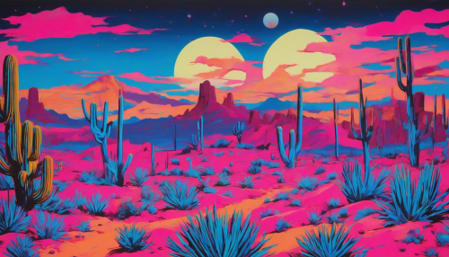 The painting represents a vivid and zesty blend of Pop Art style and the serene essence of a starlit desert. Bold, neon hues of blue and pink replace the traditional desert palette, illuminating the otherwise dark, moonlit sandscape. Pop art elements, like stylized desert plants and falling stars, inhabit the scene in exaggerated, graphic forms. Emotionally evocative and visually tantalizing, this piece is a surreal encounter that challenges the viewer's perception of nature and art. The starlit desert metamorphoses into a dream-like stage for a pop art spectacle.