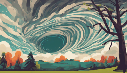 Create a captivating flat design illustration featuring the eye of a tornado at its center. The swirling winds should be simplified into bold geometric shapes and vibrant colors, radiating outwards. Surround the tornado with a serene landscape, contrasting the chaotic energy, including calm skies and gently swaying trees to emphasize the tension between destruction and tranquility.