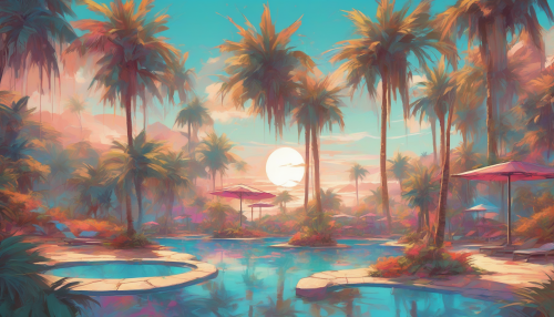 A serene haven emerges from the sandy dunes, with palm trees swaying gently and a tranquil pool of water, as vibrant comic-style colors dance across the scene, creating an otherworldly atmosphere of enchantment and mystique.