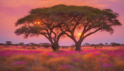 Warm sunlight casts a golden glow over the savannah, where acacia trees stand tall and wildflowers sway gently in the breeze, as the sky transitions into a kaleidoscope of oranges, pinks, and purples, signaling the end of another serene day.