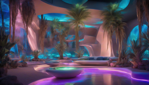 Envision a hidden desert oasis where sleek, metallic structures rise amidst swirling sands. Neon lights illuminate glistening water, reflecting vibrant hues of blue and green. Exotic plants with bioluminescent features thrive around futuristic seating areas. The scene is alive with movement as ethereal figures wander, exploring this enchanting blend of nature and advanced technology, evoking a sense of wonder and serenity.