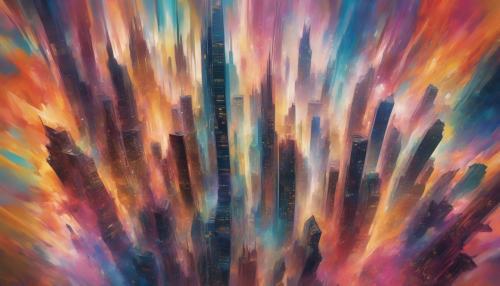 Surreal, dreamlike skyscrapers swirl upward, as if pulled by an invisible vortex, amidst a swirling storm of colors and lights, evoking a mesmerizing dance of shapes and hues in the ever-changing cityscape.