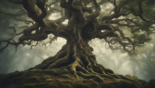 In the heart of a mystical forest, an ancient tree stands tall, its gnarled branches twisted by the weight of centuries, whispering secrets to the winds, its roots delving deep into the earth, a symbol of enduring knowledge and the struggles of forgotten ages.