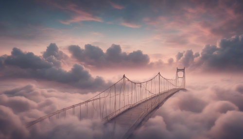 A dreamlike bridge suspended amidst celestial clouds, captured in documentary style, evoking a sense of wonder and tranquility as it stretches into the horizon, with soft, feathery textures and gentle hues of twilight.