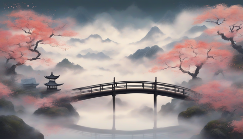 A delicate, dreamy bridge suspends amidst swirling clouds and vibrant mist, blending traditional Japanese art with heavenly scenery, evoking a sense of serenity and wonder.