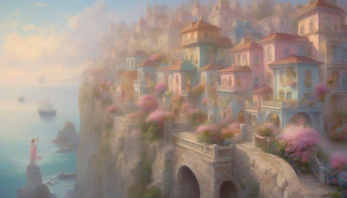 Envision a whimsical Rococo village perched atop a fog-laden cliff, where ornate pastel buildings with intricate gilded accents rise elegantly from the mist. Delicate balconies adorned with blooming flowers overlook the turbulent sea below, while wisps of fog gently envelop cobblestone streets. Graceful figures in period attire wander through this ethereal scene, lost in the charm of a bygone era.