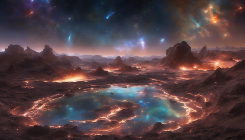 Imagine a surreal landscape illuminated by vibrant nebulae, where colossal alien mines pierce the ground, their metallic surfaces glimmering under a starlit sky. Long exposure captures the swirling light trails of distant comets and shooting stars, casting ethereal reflections in the mineral-rich pools surrounding the mines. The air is thick with an enchanting glow, inviting exploration into this otherworldly realm.