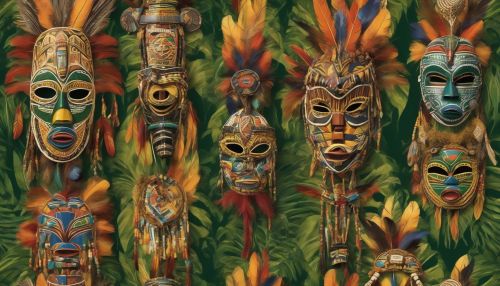 Intricately designed tribal African masks adorned with feathers, beads, and colorful patterns, set against a backdrop of lush green forests and golden sunlight, evoking the rich cultural heritage and traditions of African tribes.