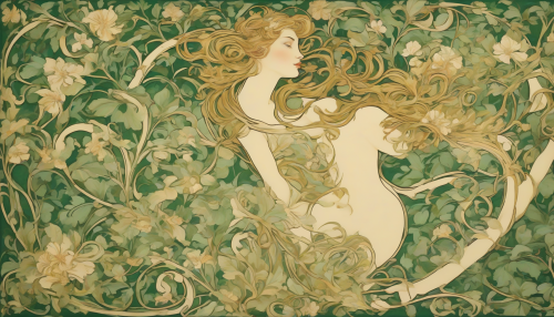 Delicate, swirling vines dance across a vintage poster, as soft, golden light pours upon lush, green leaves and vibrant, blooming flowers, evoking the elegant, organic curves of the Art Nouveau era, with intricate details and subtle, shimmering textures.