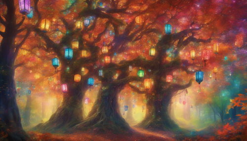 Towering trees laden with vibrant leaves and twinkling lanterns stand amidst a kaleidoscope of seasonal colors, as soft whispers of ancient magic weave through the forest, inviting all to explore its mystique and wonder.