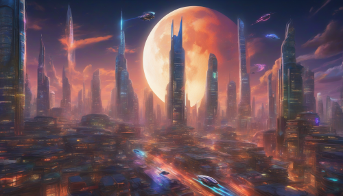 A futuristic cityscape unfolds with vibrant, swirling colors, sleek skyscrapers, and flying cars zipping by, as a giant, glowing moon rises in the background, casting an ethereal light on the bustling metropolis.