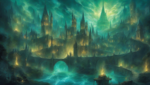 A mystical city swirls with ancient charm, as stone walls and Gothic spires twist amidst a massive, aquatic vortex, with torches flickering against the blue-green glow of churning waters, amidst a fusion of magic and wonder.