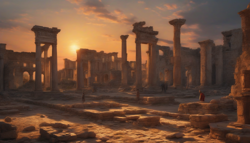 A breathtaking scene unfolds as the sun sets behind majestic ancient ruins, illuminating their crumbling stones with hues of gold and crimson. In the foreground, the shadows of modern life contrast sharply with the historical grandeur, evoking a sense of nostalgia and reflection. This image captures the dialogue between past and present, highlighting the timelessness of social struggles.