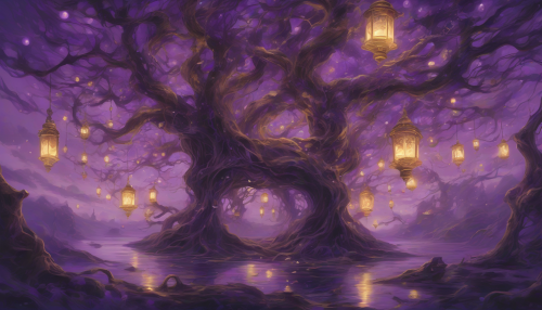 A mystical realm where melting clocks and twisted trees converge under a swirling sky of purple and gold, as fragmentedhuman figures drift across a sea of shimmering silk, surrounded by whispering shadows and eerie, flickering lanterns.