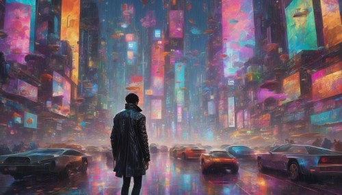 A dark, rain-soaked cityscape unfolds with sleek skyscrapers, holographic advertisements, and flying cars zipping by, as a lone figure in a leather jacket walks down a crowded street, surrounded by a kaleidoscope of colors and futuristic technology.