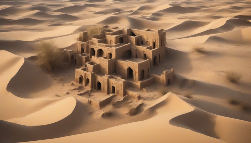 Weathered stone structures rise from the sands, as if born from the desert itself, with intricate carvings and mysterious symbols telling tales of a long-lost civilization, amidst endless dunes that whisper secrets to the wind.