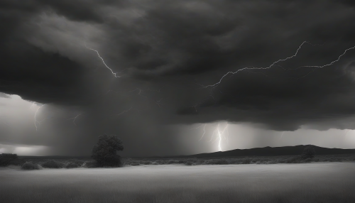 Dark skies converge with flashes of lightning, minimalist compositions emphasizing stark, monochromatic storm fields, evoking serene yet turbulent atmospheres in each frame.