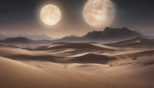 Under the star-studded sky, an endless desert stretches, hiding ancient secrets and supernatural entities that roam the dunes, whispering eerie tales to the winds that howl through the night, as darkness reigns supreme.