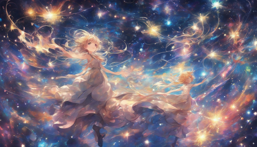 Imagine a vibrant scene where cheerful anime characters frolic amidst a dazzling starfield, their eyes sparkling with wonder. The background is a breathtaking expanse of shimmering constellations and swirling galaxies, casting a soft, magical glow. Wisps of colorful nebulae dance around them, while shooting stars streak across the sky. This enchanting blend of joy and cosmic beauty invites viewers to lose themselves in a harmonious universe full of dreams and adventure.