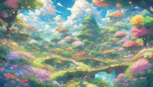 Imagine a vibrant anime-style world where the elements of nature come alive in cheerful harmony. Picture swirling clouds with cute, animated faces, sparkling streams that giggle as they flow, and radiant flowers that sway joyfully in the breeze. Each natural phenomenon bursts with color and personality, creating a lively atmosphere filled with laughter and light, inviting viewers into a magical landscape of wonder and delight.