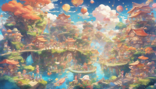 Imagine a vibrant scene where playful anime characters come to life in a three-dimensional world. The characters are adorned in colorful outfits, their expressions full of joy and energy. The background features whimsical landscapes with floating islands, sparkling streams, and fluffy clouds that enhance the cheerful atmosphere. Soft lighting casts a warm glow, inviting viewers to step into this enchanting blend of styles, celebrating creativity and happiness.