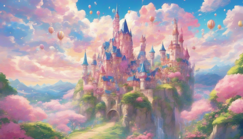 A vibrant, whimsical castle floats majestically among fluffy, cotton-candy clouds. Its towers sparkle in pastel hues of pink and blue, adorned with twinkling lights that dance like stars. Below, a lush landscape of greenery and colorful flowers spreads out, illuminated by a warm, golden sun. Cheerful anime characters with expressive features and joyful smiles explore this enchanting realm, their excitement palpable as they embark on fantastical adventures.