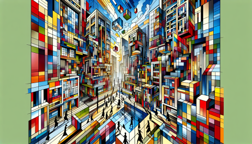 Create a vibrant cityscape reflecting the essence of cubism, where buildings are deconstructed into geometric shapes and bold colors. Imagine a bustling urban environment filled with fragmented perspectives, overlapping planes, and abstract figures navigating the streets. The sky is a kaleidoscope of hues, casting playful shadows on the cubist structures below, inviting viewers to explore the dynamic interaction between reality and abstraction.