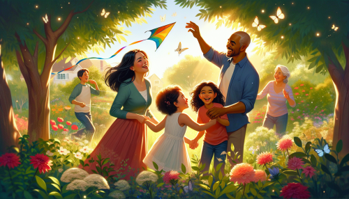 Capture a warm, sunlit scene of a diverse family gathered in a lush garden, sharing laughter and love. The parents, with their children, express joy as they engage in a playful activity, like flying kites. Surround them with blooming flowers and fluttering butterflies, enhancing the feeling of harmony. Soft golden rays filter through the trees, creating a magical atmosphere that celebrates the bond of love and family.