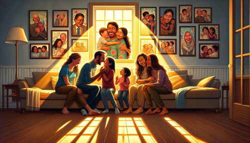 A heartwarming scene unfolds in a cozy living room, adorned with family photos and vibrant artwork symbolizing unity. A gentle golden light filters through the window, casting soft shadows on a warm wooden floor. In the center, a diverse family shares laughter and tender moments, their diverse expressions radiating joy and love. The atmosphere is filled with warmth, love, and the connection that binds them together prominently.