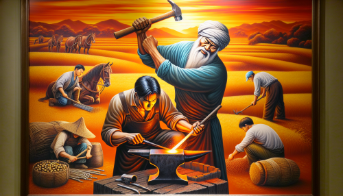 This image captures the essence of labor, showcasing a diverse group of workers engaged in their crafts under a vibrant sunset. The foreground features a blacksmith hammering iron, while in the background, a farmer tends to golden fields. The intricate details of their tools and expressions emphasize dedication and strength, enveloped in warm hues that reflect the beauty of hardworking hands shaping the world.