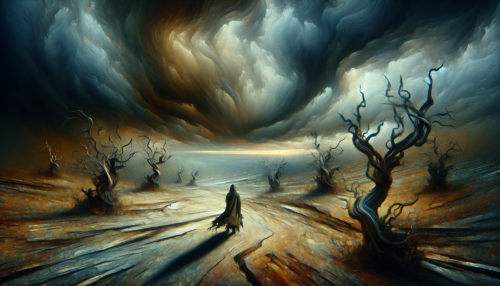 This image captures a haunting landscape where dark, swirling storm clouds loom over a desolate terrain, symbolizing sorrow and struggle. Broken trees stand tall, their gnarled branches reaching for the sky as if yearning for hope. In the foreground, a solitary figure, cloaked in tattered garments, gazes into the distance, embodying resilience amidst despair, while splashes of muted color suggest a faint glimmer of dawn breaking through the darkness.