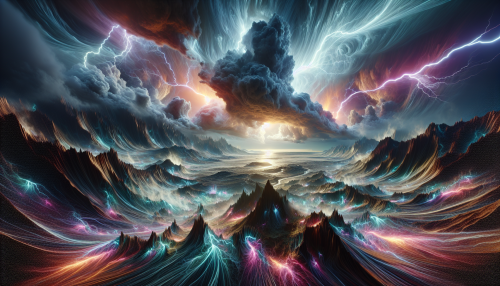 Imagine a dramatic landscape where vivid electric storms unleash their power across a turbulent sky, showcasing swirling clouds illuminated by brilliant flashes of lightning. Below, an otherworldly terrain pulses with colors that reflect the chaos above, with jagged rocks and iridescent plants swaying in a fierce wind. This dynamic scene captures the raw beauty of nature's fury, inviting viewers to feel the energy and awe of an electric storm in full force.