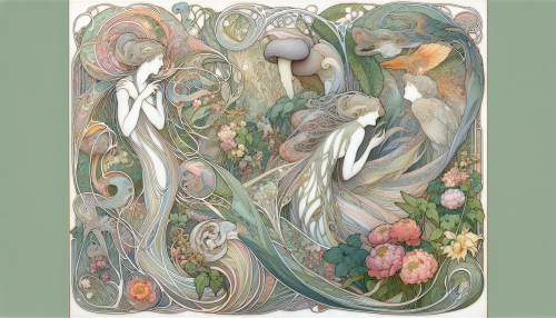 Visualize a stunning Art Nouveau scene where flowing, organic lines intertwine with vibrant floral and fauna motifs. Picture graceful, elongated figures adorned in intricate, stylized clothing, surrounded by lush greenery and blooming flowers. Soft, pastel colors enhance the ethereal quality, while delicate patterns echo throughout the composition, inviting viewers into a world where nature and art harmoniously converge in timeless beauty.