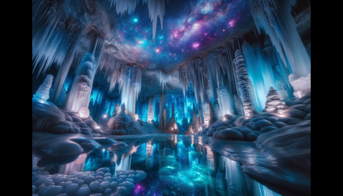 Dive into a breathtaking scene of the Stellar Ice Caverns, where ethereal blue and purple hues illuminate towering ice formations that glisten like jewels. Suspended from the ceiling, crystalline stalactites reflect shimmering starlight, creating a mesmerizing galaxy effect. A tranquil pool of crystal-clear water reflects the breathtaking spectacle above, while an otherworldly glow dances across the cavern walls, inviting explorers to uncover its frozen wonders.