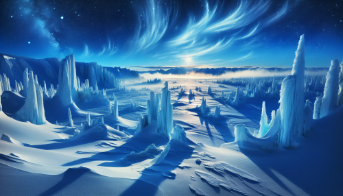 In a breathtaking landscape where frigid winds whisper secrets, towering ice spires emerge like ancient sentinels from a blanket of pristine snow. The sky, a deep azure, is laced with wisps of frosty clouds, casting a soft glow over the shimmering ice. Below, the tundra stretches endlessly, dotted with hardy conifers and frozen lakes, embodying the untamed beauty of a world caught in a perpetual winter.