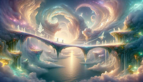 Imagine a breathtaking scene of an ethereal sky bridge, suspended amidst swirling clouds and soft pastel hues of dawn. The bridge, intricately adorned with glowing crystals, connects two floating islands draped in lush greenery and cascading waterfalls. Ethereal figures dance gracefully along the path, their translucent forms shimmering with light. Below, a tranquil sea reflects the colors of the sky, creating a surreal, dreamlike atmosphere that invites exploration.