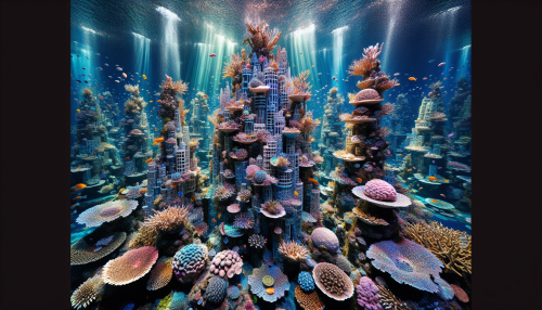 Dive into a mesmerizing underwater scene where a vibrant coral city sprawls beneath the waves. Intricate coral formations in shades of pink, blue, and gold create stunning skyscraper-like structures, teeming with colorful marine life. Schools of fish dart playfully around the coral branches, while shafts of sunlight pierce through the surface, illuminating this enchanting underwater paradise. The air is filled with the gentle sounds of the ocean, inviting exploration and wonder.