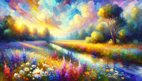 Capture a vibrant Impressionist landscape featuring a sun-drenched meadow filled with wildflowers in full bloom. Soft, swirling brush strokes create a dance of colors—from golden yellows to deep purples—reflecting the gentle play of light and shadow. A serene river meanders through the scene, mirroring the sky's pastel hues as fluffy clouds drift lazily overhead, inviting viewers to immerse themselves in nature's tranquil beauty.