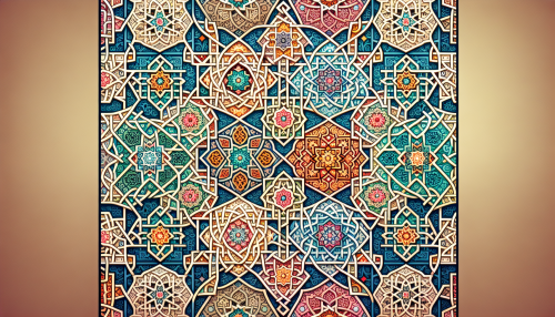 Create a mesmerizing image that showcases the elegance of Islamic geometric art, featuring intricate interlocking shapes and vibrant colors. The design should flow organically, with an emphasis on symmetry and detail, evoking a sense of spiritual tranquility. Include layers of ornate patterns, incorporating traditional motifs like stars and circles, all harmonizing to form a stunning visual tapestry that captivates the viewer's imagination.