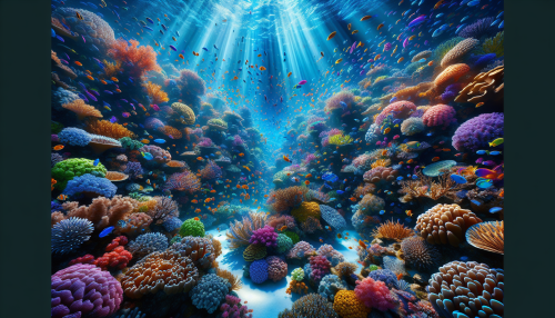 Dive into a vibrant underwater realm where colorful coral reefs burst with life. This enchanting scene showcases a kaleidoscope of hues, with neon corals swaying gently in the current, creating a mesmerizing tapestry of colors. Schools of iridescent fish dart playfully among the corals, illuminating the depths with their brilliance. Sunlight filters through the water, dancing on the sandy ocean floor, transforming this aquatic paradise into a breathtaking spectacle.