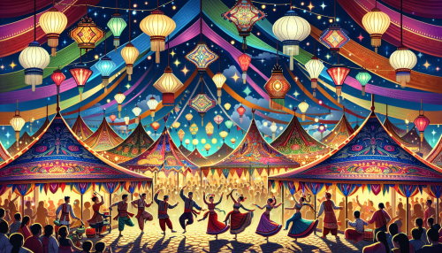 Imagine a vibrant scene filled with the joyous chaos of an outdoor festival. Colorful tents flutter in the breeze, adorned with intricate patterns. Lanterns illuminate the night sky, casting warm hues on smiling faces. Dancers swirl in traditional costumes, their movements telling stories of old. The air is fragrant with spices and sweets, inviting all to celebrate culture and community amidst a backdrop of fireworks bursting above.