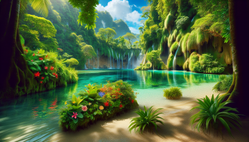 Imagine a tranquil lagoon surrounded by lush, emerald-green foliage, where vibrant tropical flowers bloom in bursts of color. The crystalline waters reflect the sky's azure hue, while gentle waves lap softly against the sandy shore. In the distance, a cascade of waterfalls spills over rugged cliffs, creating a symphony of nature's sounds. A peaceful oasis, inviting you to immerse yourself in its beauty and serenity.