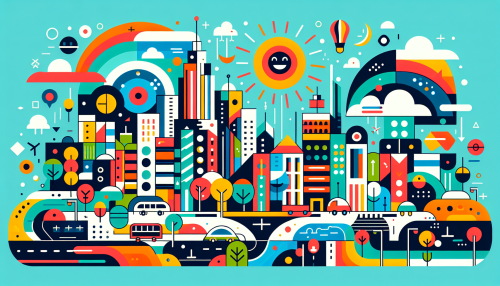 Create a vibrant flat design illustration featuring an imaginative cityscape. Incorporate bold colors and geometric shapes to depict skyscrapers, parks, and bustling streets. Infuse whimsical elements like floating clouds and sun with a smiling face, creating a playful atmosphere. The overall scene should convey a sense of harmony and creativity, inviting viewers to explore this lively urban environment where every detail pops with simplicity and charm.