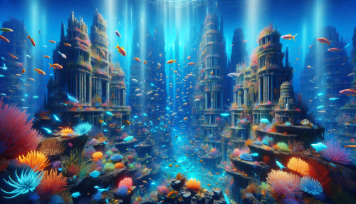 Dive into a breathtaking underwater city, where vibrant coral structures rise majestically like skyscrapers, teeming with life. Schools of luminous fish weave through colorful reefs, their scales glistening under shafts of sunlight filtering down from the surface. Ancient ruins, entwined with seaweed and adorned with bioluminescent flora, hint at a lost civilization. This enchanting underwater world vibrates with electric blues and fiery oranges, creating a stunning contrast against the deep azure sea.