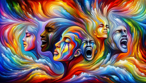 Capture the essence of human emotions through a surreal landscape where vibrant colors swirl and blend, representing joy, sadness, anger, and serenity. Imagine a scene where waves of color crash against each other, creating a dynamic visual symphony. Figures emerge from the waves, each reflecting a different emotional state—eyes filled with tears, smiles of pure bliss, and clenched fists of frustration, inviting viewers to explore the depths of their own feelings.