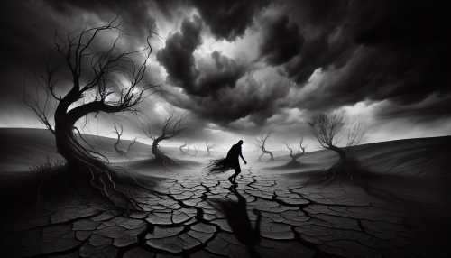 A haunting landscape where twisted trees reach towards a stormy sky, their barren branches heavy with the weight of unspoken grief. In the foreground, a lone figure trudges through a desolate valley, their silhouette cloaked in shadows. The ground beneath is cracked and dry, symbolizing the struggles faced, while dark clouds swirl above, promising a tempest that reflects both despair and resilience in a stark, powerful contrast.