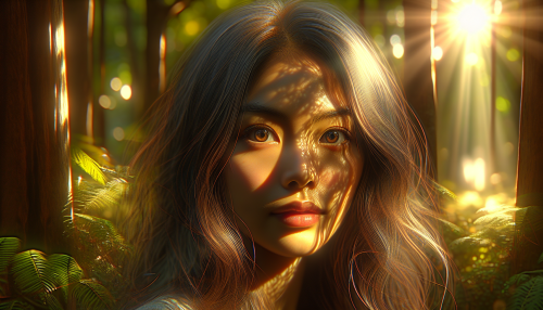 Create an exquisite, realistic portrait of a young woman standing in a sunlit forest. Her expressive eyes capture a deep sense of wonder, reflecting the colors of the surrounding nature. Delicate rays of sunlight filter through the leaves, casting intricate patterns on her face. The detailed textures of her hair and the soft fabric of her dress add to the lifelike quality, inviting viewers into her serene world.